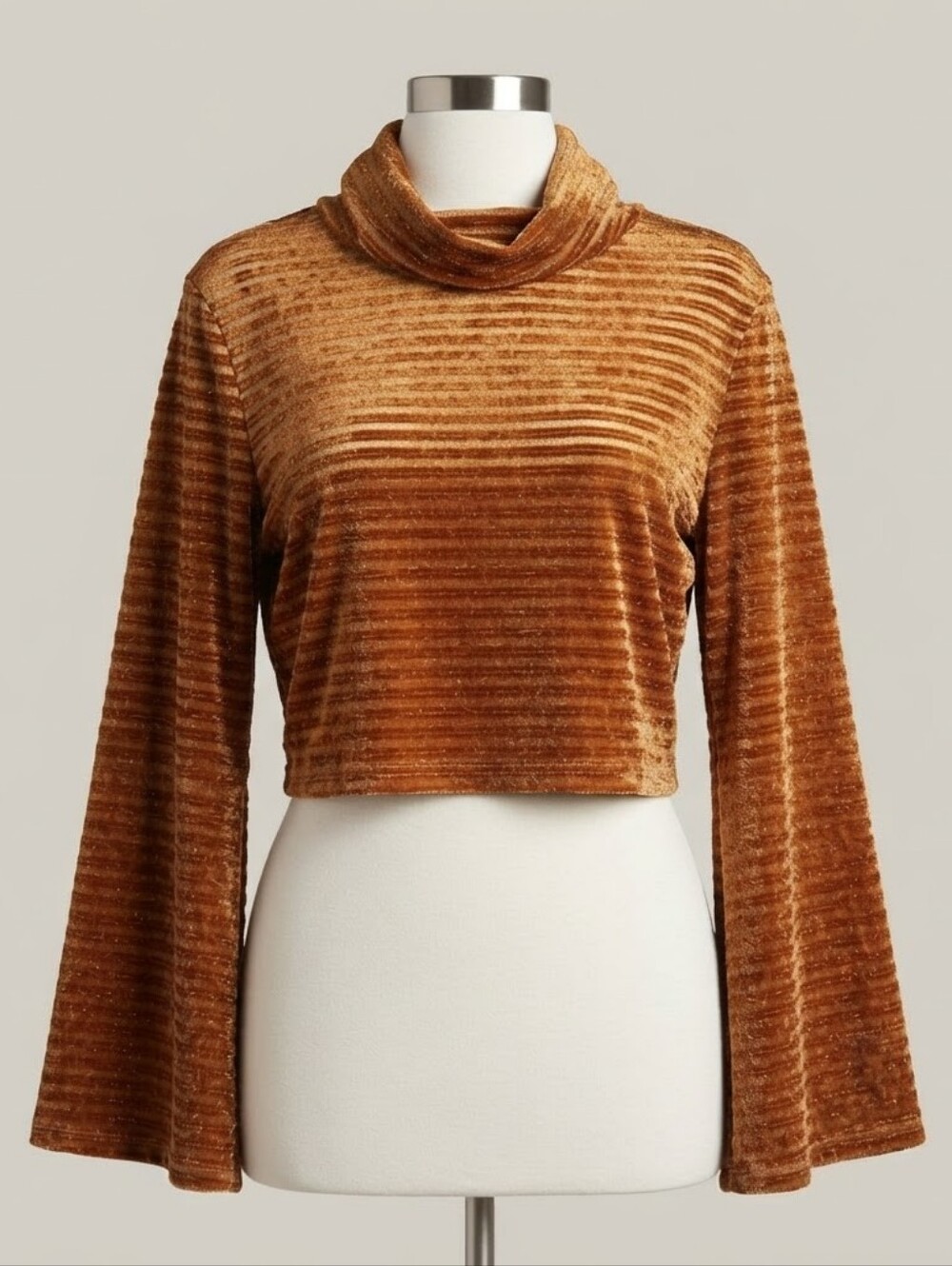 MINKPINK Cropped Ribbed Turtleneck Sweater - Rust Brown Stripe